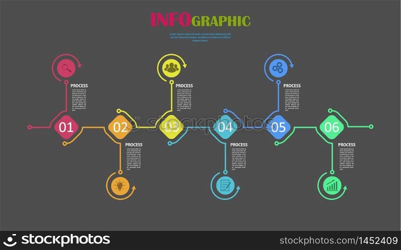 Infographics. Stock vector template of six stages. For web page design, charts, graphs, business plan and Finance, reporting and visual aid. Flat design.