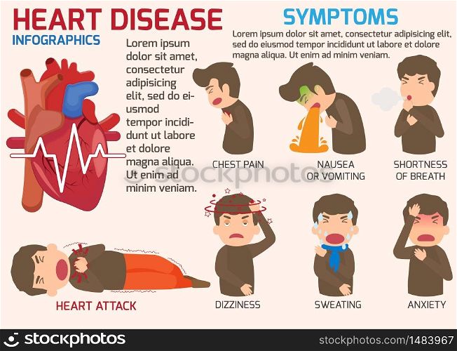 Infographics. Symptoms of heart disease and acute pain possible heart attack with prevention. Vector illustrations. HEART ATTACK DISEASE.
