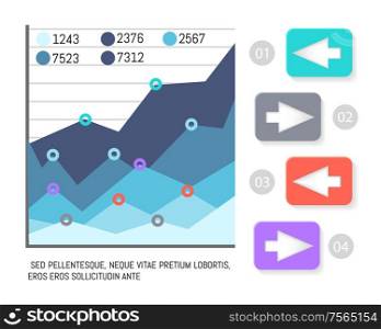 Infographics systematized information, charts results presentation vector. Table with visualized data and numbers. Arrowheads pointing directions. Infographics Systematized Information Presentation