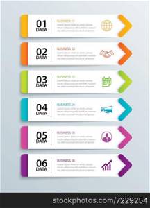 Infographics tab in horizontal paper arrow with 6 data template. Vector illustration abstract notebook background. Can be used for workflow layout, business step, banner, web design.