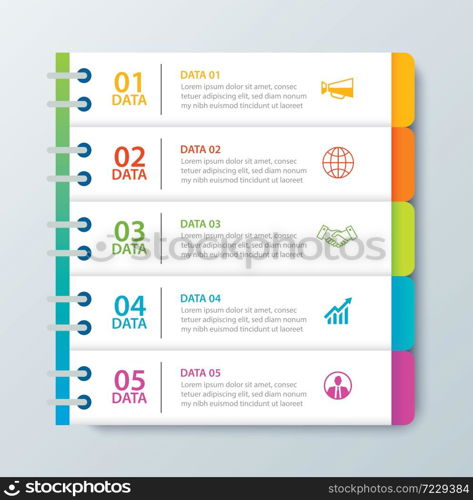 Infographics tab in horizontal paper index with 5 data template. Vector illustration abstract notebook background. Can be used for workflow layout, business step, banner, web design.