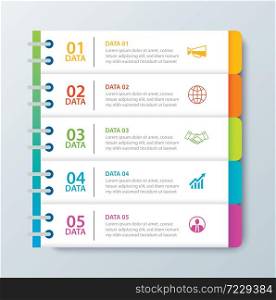 Infographics tab in horizontal paper index with 5 data template. Vector illustration abstract notebook background. Can be used for workflow layout, business step, banner, web design.