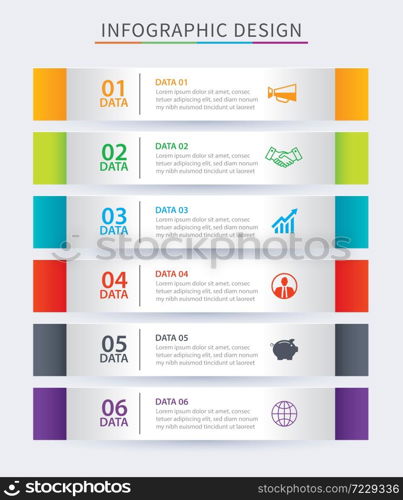 Infographics tab in horizontal paper index with 6 data template. Vector illustration abstract background. Can be used for workflow layout, business step, banner, web design.