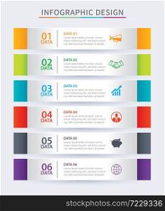 Infographics tab in horizontal paper index with 6 data template. Vector illustration abstract background. Can be used for workflow layout, business step, banner, web design.
