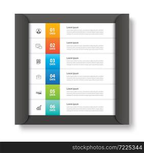 Infographics tab in paper index with 6 data template. Vector illustration abstract background. Can be used for workflow layout, business step, banner, web design.