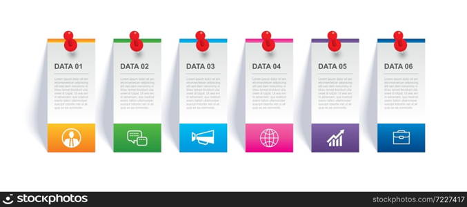 Infographics tab in vertical paper index and pin with 6 data template. Vector illustration abstract background. Can be used for workflow layout, business step, banner, web design.
