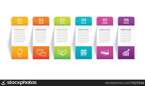 Infographics tab in vertical paper index with 6 data template. Vector illustration abstract background. Can be used for workflow layout, business step, banner, web design.