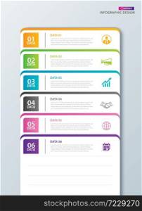 Infographics tab paper index with 6 data template. Vector illustration abstract notebook background. Can be used for workflow layout, business step, banner, web design.