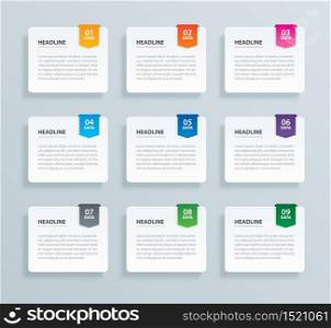 Infographics tab paper index with 9 data template. Vector illustration abstract background. Can be used for workflow layout, business step, banner, web design.