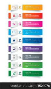 Infographics tab paper index with 9 data template. Vector illustration abstract background. Can be used for workflow layout, business step, banner, web design.