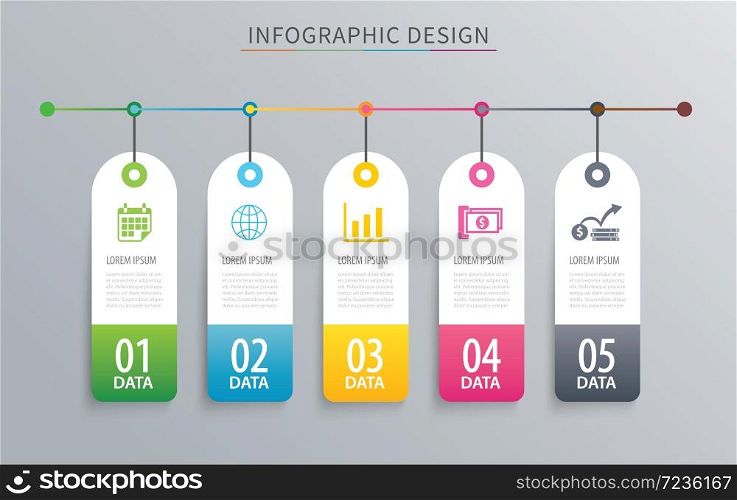 Infographics tag banner 5 option template. Vector illustration background. Can be used for workflow layout, data, business step, web design.