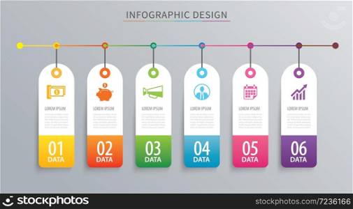 Infographics tag banner 6 option template. Vector illustration background. Can be used for workflow layout, data, business step, web design.