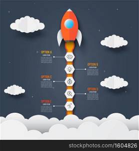 Infographics template of rocket through the clouds. icons and text. Successful startup business concept. Used for web design and workflow layout. Vector illustration.