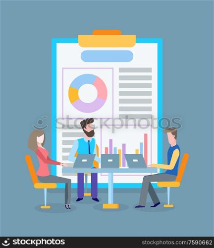 Infographics text and pie diagram at clipboard vector. Conference of workers with laptops, flowcharts brainstorming of colleagues, business seminar. Conference at Office, Clipboard with Statisctics
