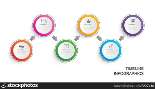 Infographics timeline circle paper with 6 data template. Vector illustration abstract background. Can be used for workflow layout, business step, brochure, flyers, banner, web design.