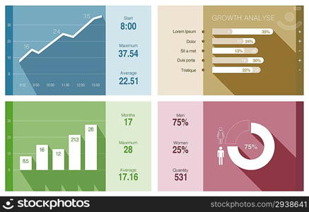 ""Infographics vector design template. Trendy flat style. Graph, diagram, charts - use for financial and business reports. Statistics &amp; analytics theme. Editable.""