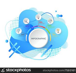 Infographics vector, flowchart with abstract design and percentage with icons, business presentation, prize and lightbulb, cogwheel and trophy flat style. Infographics with Icons and Percentage Information