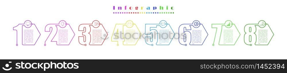 Infographics. Vector stock template eight stages. For web page design, charts, graphs, business plan and Finance, reporting and visual aid. Flat design.