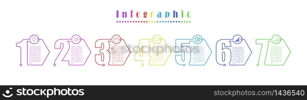 Infographics. Vector stock template seven stages. For web page design, charts, graphs, business plan and Finance, reporting and visual aid. Flat design.