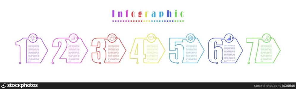 Infographics. Vector stock template seven stages. For web page design, charts, graphs, business plan and Finance, reporting and visual aid. Flat design.