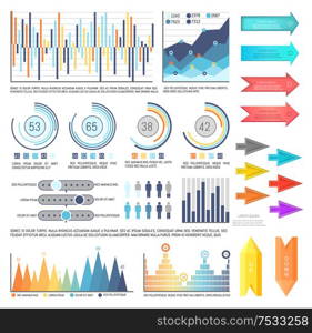 Infographics with arrowheads and charts information vector. Arrows and pointers in different colors, info organization in structure and schemes form. Infographics with Arrowheads, Charts Information