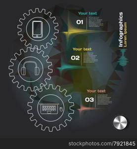 infographics with cogwheel, sound waves and devices on a dark background