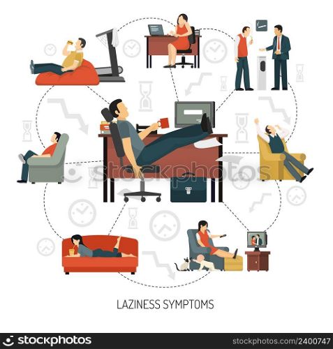 Infographics with flowchart of laziness symptoms including people at work and in armchair at home vector illustration . Laziness Symptoms Infographics