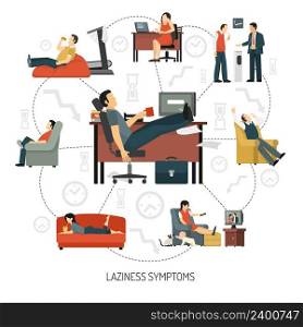 Infographics with flowchart of laziness symptoms including people at work and in armchair at home vector illustration   . Laziness Symptoms Infographics