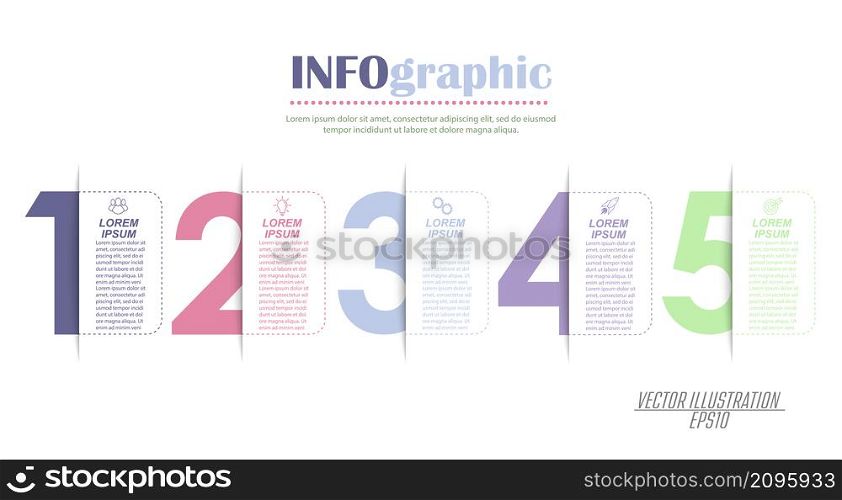 infographics with pictograms. Template of 5 stages of business, training, marketing or financial success. Vector illustration