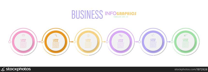 Infographics with pictograms. Template of 6 stages of business, training, marketing or financial success. Vector illustration