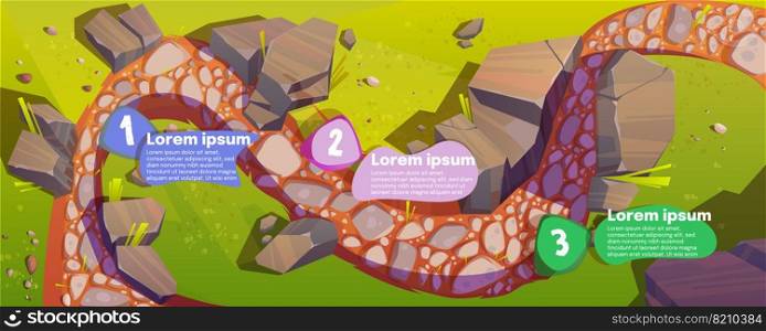 Infographics with road top view and steps time line, curve way, rocky windy trail with pebbles, green grass and rocks along, valley scenic landscape, hill path infographic cartoon vector illustration. Infographics with road top view, steps time line