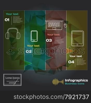 infographics with sound waves and devices on a dark background