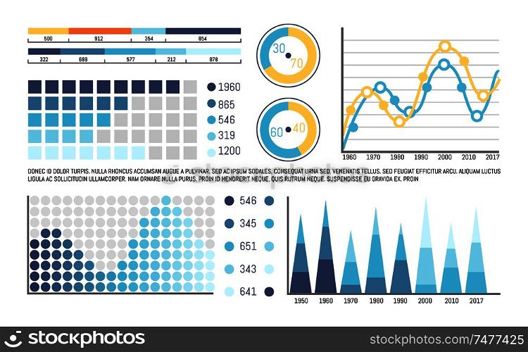 Infographics with timeline and visual information vector. Graphs data set with numbers and percentage, growing chains, schemes and analysis diagram. Infographics with Timeline and Visual Information