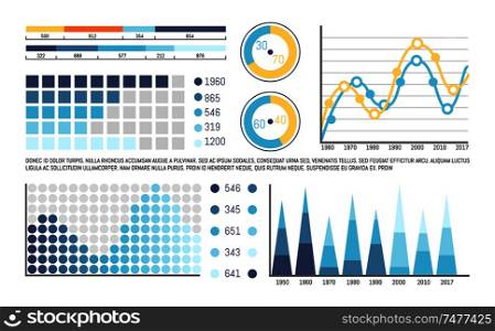 Infographics with timeline and visual information vector. Graphs data set with numbers and percentage, growing chains, schemes and analysis diagram. Infographics with Timeline and Visual Information