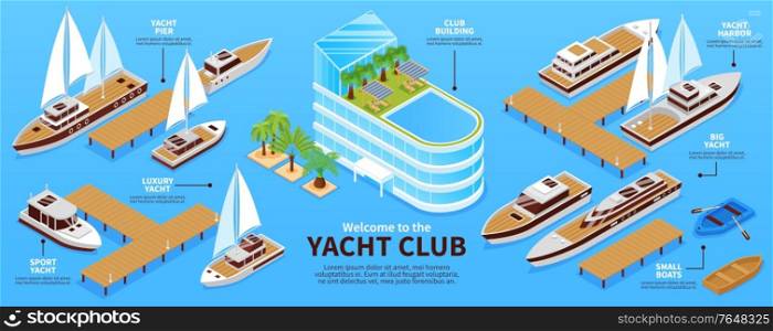 Infographis with various types of yachts boats pier and club building on blue background 3d isometric vector illustration