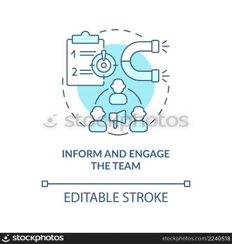 Inform and engage team turquoise concept icon. Communication tool. Move to UCaaS abstract idea thin line illustration. Isolated outline drawing. Editable stroke. Arial, Myriad Pro-Bold fonts used. Inform and engage team turquoise concept icon