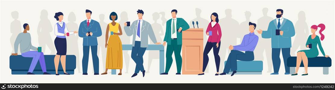 Informal Conversation on Seminar, Timeout or Coffee Break During Business Meeting Flat Vector Concept. Businessmen and Businesswomen, Company Employees Talking with Cup of Coffee in Hands Illustration
