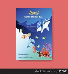 Information about World Oceans Day concept with marine animals watercolor vector
