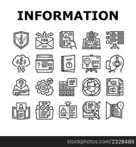 Information And Client Supporting Icons Set Vector. Brochure With Important Information And Call Service Support Or Advice, Guidance Help, Handbook Literature Manual Book Black Contour Illustrations. Information And Client Supporting Icons Set Vector