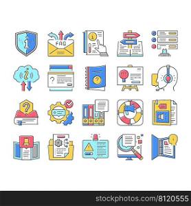 Information And Client Supporting Icons Set Vector. Brochure With Important Information And Call Service Support Or Advice, Guidance And Help, Handbook Literature And Manual Book Color Illustrations. Information And Client Supporting Icons Set Vector