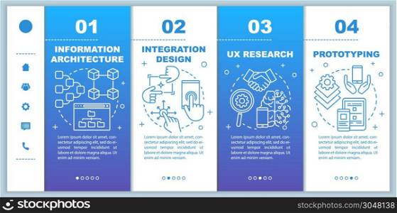 Information architecture onboarding mobile web pages vector template. Responsive smartphone website interface idea with linear illustrations. Webpage walkthrough step screens. Color concept