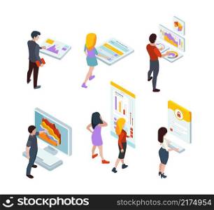 Information boards. People standing near advertizing tablo monitor screens event services info garish vector isometric persons. Information digital service, terminal 3d chart illustration. Information boards. People standing near advertizing tablo monitor screens event services info garish vector isometric persons