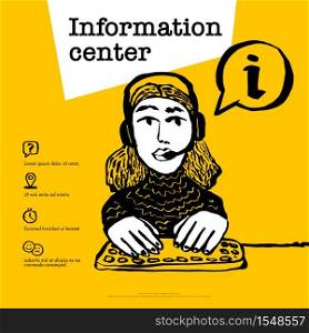Information center concept. Call center, customer support, helpdesk or info service concept. Web banner with female character with a headset on yellow background. Doodle ink style vector illustration. Information center concept. Call center, customer support, helpdesk or info service concept. Web banner with female character with a headset on yellow background. Doodle ink style vector illustration.
