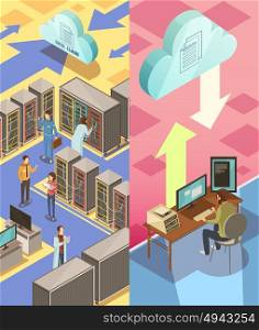 Information Center Isometric Banners. Information center isometric vertical banners with staff hosting server cloud services and transfer data isolated vector illustration