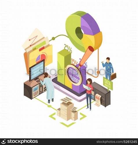 Information Center Isometric Illustration. Information center with equipment observation data analysis and optimization with infographic elements isometric vector illustration