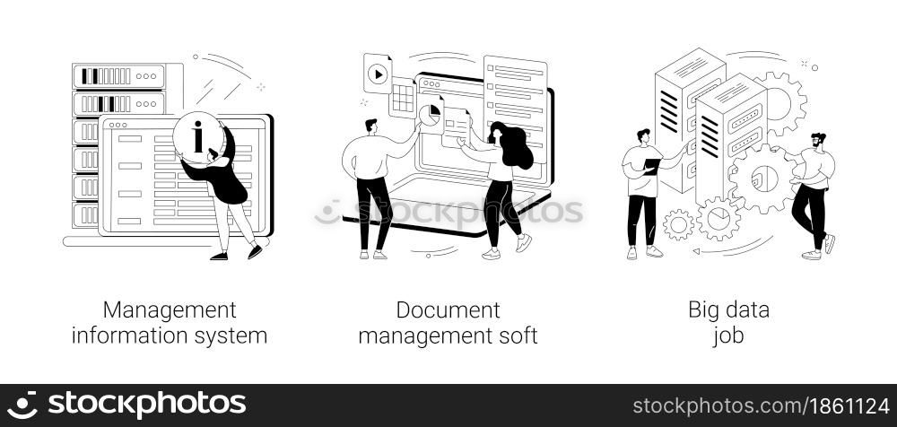 Information collection and analysis abstract concept vector illustration set. Management information system, document management soft, big data job, sharing online, visualization abstract metaphor.. Information collection and analysis abstract concept vector illustrations.
