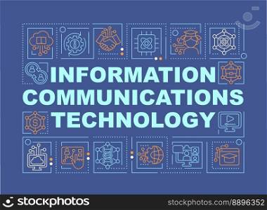 Information communication technology word concepts dark blue banner. Infographics with editable icons on color background. Isolated typography. Vector illustration with text. Arial-Black font used. Information communication technology word concepts dark blue banner