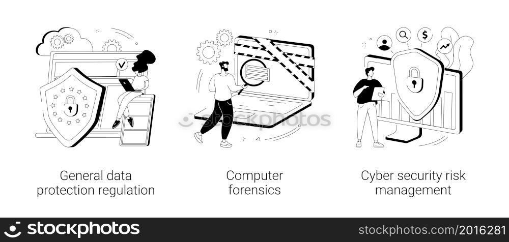 Information control and security abstract concept vector illustration set. General data protection regulation, computer forensics, cyber security risk management, digital threat abstract metaphor.. Information control and security abstract concept vector illustrations.