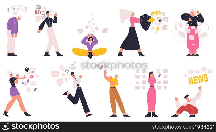 Information, data and social media overload, overwhelmed characters. People overloaded with social media, fake news information vector illustration set. Overwhelmed people. Information overload media. Information, data and social media overload, overwhelmed characters. People overloaded with social media, fake news information vector illustration set. Overwhelmed people