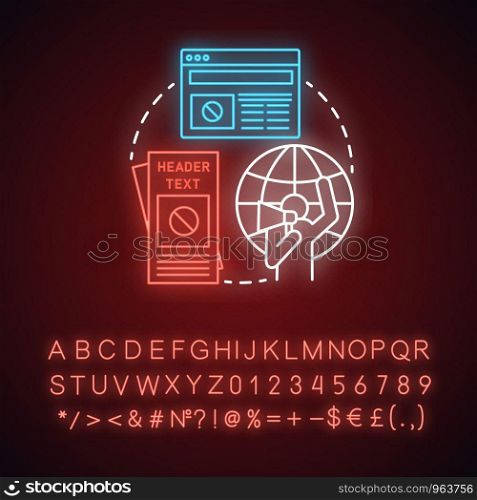 Information distribution neon light concept icon. Propaganda idea. Glowing sign with alphabet, numbers and symbols. Protester with megaphone, flyers and online news vector isolated illustration